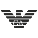 Logotipo da marca GA com asas estilizadas, representando força e elegância, ideal para identificar produtos ou serviços relacionados à aviação ou viagens.