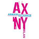 Logotipo vibrante da Armani Exchange, apresentando as letras "AX" em destaque, com as palavras "ARMANI EXCHANGE" e "MILAN" em design estilizado, representando a marca de moda contemporânea.
