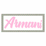 Logotipo da Armani em estilo cursivo rosa, contornado por uma moldura em cor rosa e verde, representando a marca de moda de luxo italiana.