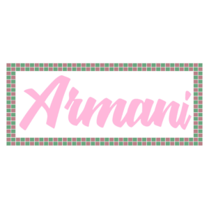 Logotipo da Armani em estilo cursivo rosa, contornado por uma moldura em cor rosa e verde, representando a marca de moda de luxo italiana.