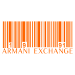 Logotipo da Armani Exchange com código de barras estilizado na cor laranja, representando a marca e seu ano de fundação, 1991.