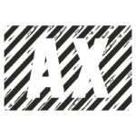 Logotipo com letras "AX" em verde, sobre um fundo com listras diagonais em preto e branco. Ideal para identificação de marcas ou produtos.