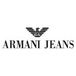 Logotipo da marca Armani Jeans, apresentando um águia estilizada e o nome da marca em letras maiúsculas. Ideal para representar moda casual de alta qualidade.