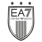 Logotipo da Emporio Armani EA7, apresentando um escudo estilizado com três estrelas, a sigla EA7 em destaque e o nome "Emporio Armani" embaixo, simbolizando moda e esportes de luxo.