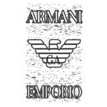 Logotipo da Emporio Armani com a águia estilizada e o texto "ARMANI" e "EMPORIO", sobre um fundo verde com frases em inglês sobre voos e viagens.