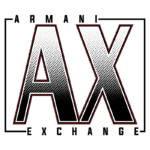 Logotipo da Armani Exchange, destacando as letras "A" e "X" em estilo moderno, com design em preto e branco, rodeado por um contorno retangular. Ideal para moda e estilo urbano.