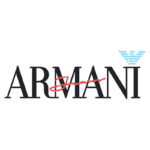 Logotipo da marca Armani Jeans com a palavra "Armani" em letras grandes e "Jeans" em uma fonte cursiva vermelha, acompanhado pelo símbolo da águia em azul claro.