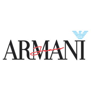 Logotipo da marca Armani Jeans com a palavra "Armani" em letras grandes e "Jeans" em uma fonte cursiva vermelha, acompanhado pelo símbolo da águia em azul claro.