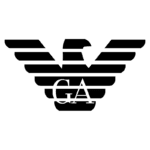 Logotipo da marca GA com uma águia estilizada e asas compostas por listras horizontais, simbolizando força e elegância.