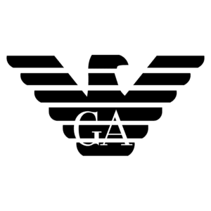 Logotipo da marca GA com uma águia estilizada e asas compostas por listras horizontais, simbolizando força e elegância.