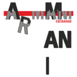 Logo da Armani Exchange com letras estilizadas em Preto, Cinza e Vermelho, destacando a marca de moda moderna e urbana.