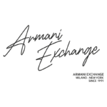 Logotipo da marca Armani Exchange, destacando o nome em estilo cursivo e informações sobre a origem da marca em Milão e Nova York, estabelecida em 1991.