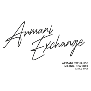 Logotipo da marca Armani Exchange, destacando o nome em estilo cursivo e informações sobre a origem da marca em Milão e Nova York, estabelecida em 1991.