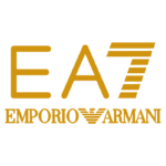 Logotipo da marca EA7 Emporio Armani, destacando as letras "EA7" em um design moderno e estilizado, com cores predominantes em amarelo.