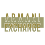 Logotipo da marca Armani Exchange em fundo verde, destacando o nome com letras estilizadas em amarelo e branco. Ideal para moda e lifestyle.