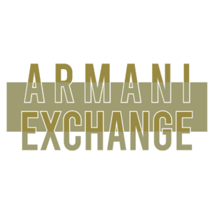 Logotipo da marca Armani Exchange em fundo verde, destacando o nome com letras estilizadas em amarelo e branco. Ideal para moda e lifestyle.