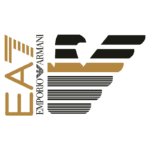 Logotipo da Emporio Armani EA7, apresentando a combinação de cores preto e dourado com elementos gráficos que representam estilo e sofisticação no universo da moda.