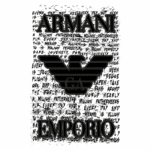Logotipo da Emporio Armani com design estilizado, apresentando a águia icônica e texto de fundo em escrita solta, enfatizando qualidade e sofisticação da marca.