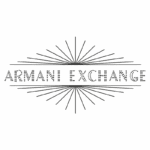 Logotipo da Armani Exchange com design moderno e minimalista, apresentando o nome da marca em letras maiúsculas, acompanhado por um padrão de raios estilizados.