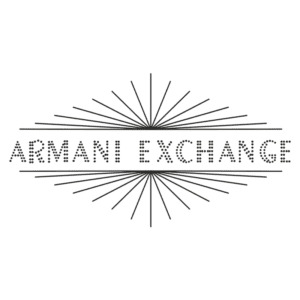 Logotipo da Armani Exchange com design moderno e minimalista, apresentando o nome da marca em letras maiúsculas, acompanhado por um padrão de raios estilizados.
