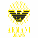 Logotipo da marca Armani Jeans, apresentando uma águia estilizada em preto e amarelo com estrelas ao fundo, simbolizando sofisticação e moda contemporânea.