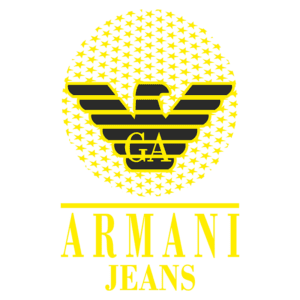 Logotipo da marca Armani Jeans, apresentando uma águia estilizada em preto e amarelo com estrelas ao fundo, simbolizando sofisticação e moda contemporânea.