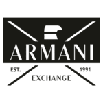 Logotipo da Armani Exchange, estabelecida em 1991, apresentando design moderno em fundo preto, destacando a marca "ARMANI" em letras brancas e "EXCHANGE" em letras menores.