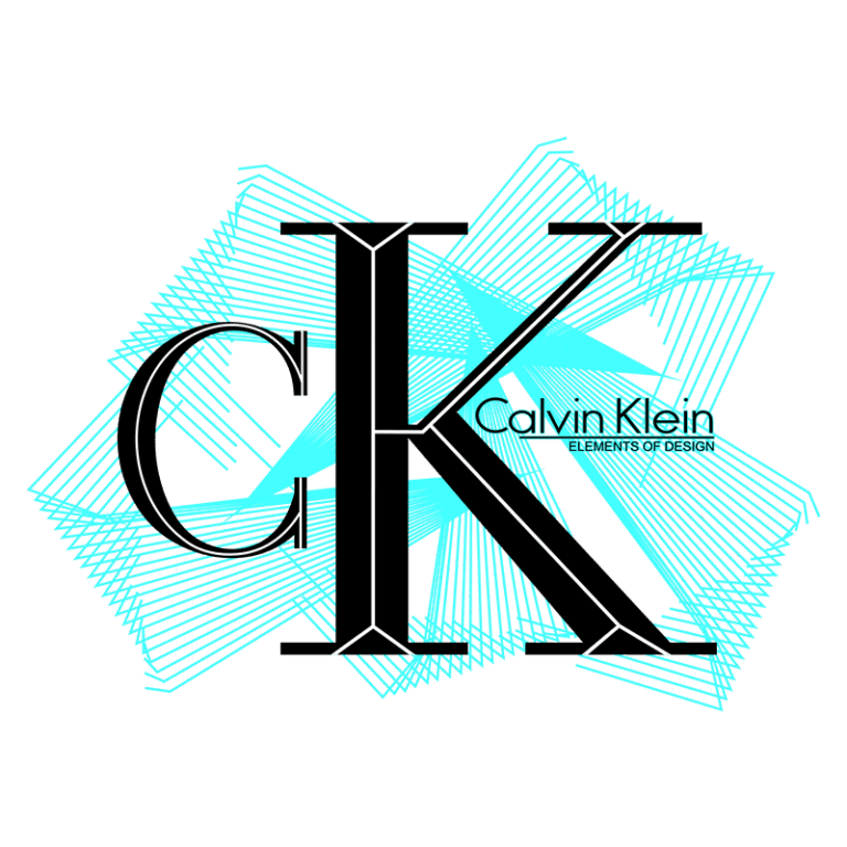 Logotipo da Calvin Klein com as letras "CK" em destaque, acompanhadas do texto "Elements of Design", rodeado por formas geométricas em azul claro, refletindo um estilo moderno e contemporâneo.