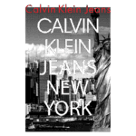 Logo da Calvin Klein Jeans com fundo preto e texto destacando "CALVIN KLEIN JEANS NEW YORK" em letras brancas.