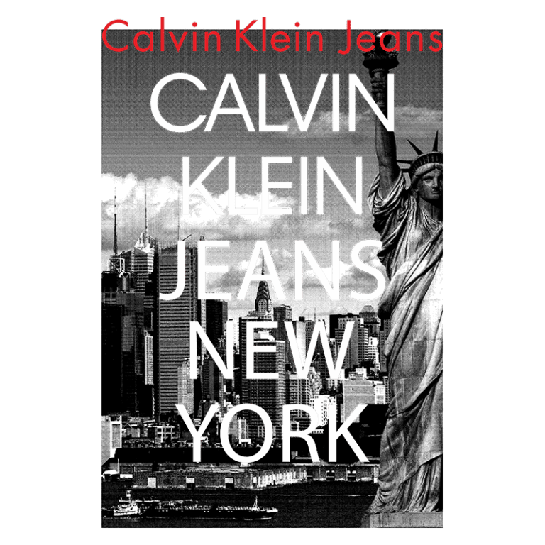 Logo da Calvin Klein Jeans com fundo preto e texto destacando "CALVIN KLEIN JEANS NEW YORK" em letras brancas.