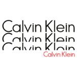 Logo da Calvin Klein, destacando o nome em diferentes fontes, com o "Calvin Klein" final em vermelho. Ideal para representar a marca de moda e estilo contemporâneo.