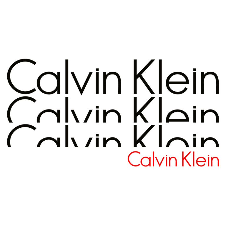 Logo da Calvin Klein, destacando o nome em diferentes fontes, com o "Calvin Klein" final em vermelho. Ideal para representar a marca de moda e estilo contemporâneo.