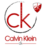 Logotipo da Calvin Klein com as iniciais "ck" em vermelho e a marca completa escrita abaixo, destacando o estilo moderno e minimalista da marca.