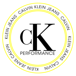 Logotipo da Calvin Klein Jeans, destacando as letras "cK" e a palavra "PERFORMANCE", em um design circular com um toque moderno. Ideal para representar a marca e suas coleções de moda.