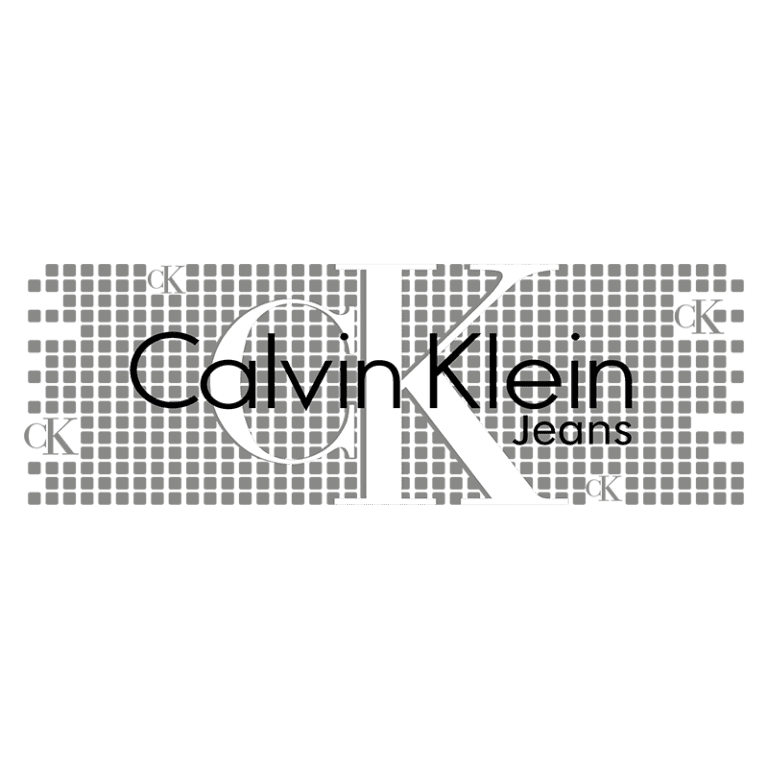 Logo da Calvin Klein Jeans com o nome destacado em letras grandes e estilo moderno, acompanhada de pequenos ícones da marca em fundo quadriculado.