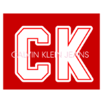 Logo da Calvin Klein Jeans em fundo vermelho, com a sigla "CK" em destaque e o nome da marca escrito em letras brancas.