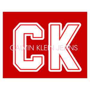 Logo da Calvin Klein Jeans em fundo vermelho, com a sigla "CK" em destaque e o nome da marca escrito em letras brancas.