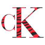 Logotipo estilizado da marca CK, apresentando a letra "c" em vermelho e a letra "K" com um padrão de listras pretas e vermelhas. Ideal para identificar a identidade visual da marca no contexto de moda e design.