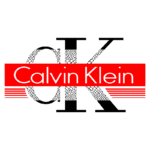 Logotipo da Calvin Klein com letras em preto e detalhes em vermelho, destacando as iniciais "CK" em um design moderno e estilizado.