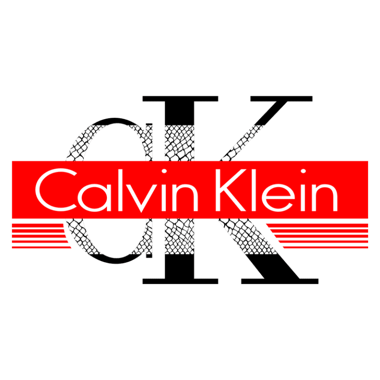 Logotipo da Calvin Klein com letras em preto e detalhes em vermelho, destacando as iniciais "CK" em um design moderno e estilizado.