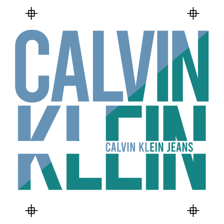 Logo da Calvin Klein Jeans com tipografia moderna e cores azul e verde, destacando a marca em um design estilizado.
