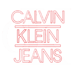 Logotipo da Calvin Klein Jeans em fundo branco, com a frase "CALVIN KLEIN JEANS" em vermelho, destacando a marca de moda.