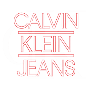 Logotipo da Calvin Klein Jeans em fundo branco, com a frase "CALVIN KLEIN JEANS" em vermelho, destacando a marca de moda.