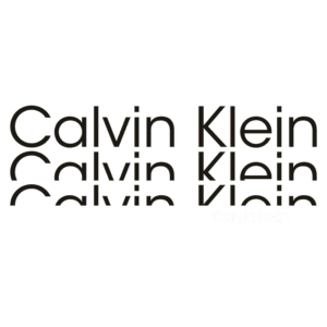 Logotipo da marca Calvin Klein, exibindo a escrita do nome em diferentes estilos tipográficos, destacando a identidade visual moderna e minimalista da marca de moda.