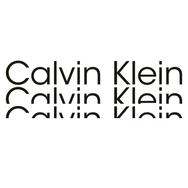 Logotipo da marca Calvin Klein, exibindo a escrita do nome em diferentes estilos tipográficos, destacando a identidade visual moderna e minimalista da marca de moda.