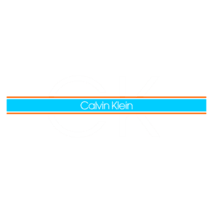 Logotipo da marca Calvin Klein com as iniciais "CK" em destaque, acompanhado por uma faixa azul e laranja, representando a estética moderna e minimalista da grife.