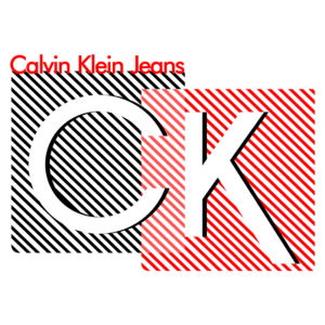 Logo da Calvin Klein Jeans com letras brancas "CK" em fundo vermelho e preto, refletindo o estilo moderno da marca.