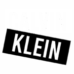 Logotipo da marca Calvin Klein em estilo moderno, com a palavra "CALVIN" em fundo branco e "KLEIN" em fundo preto, destacando o design minimalista da grife.