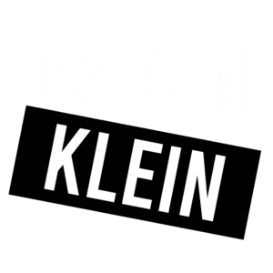 Logotipo da marca Calvin Klein em estilo moderno, com a palavra "CALVIN" em fundo branco e "KLEIN" em fundo preto, destacando o design minimalista da grife.