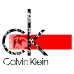 Logo da Calvin Klein com a abreviação "CK", destacando rostos em preto e branco e um fundo vermelho vibrante, simbolizando estilo e modernidade.